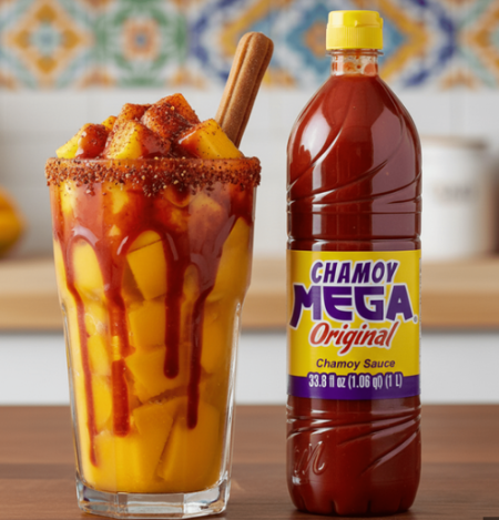 Chamoy Mega Original sauce bottle displayed next to a beverage glass drizzled with red chamoy topping, ideal for food service and wholesale suppliers.