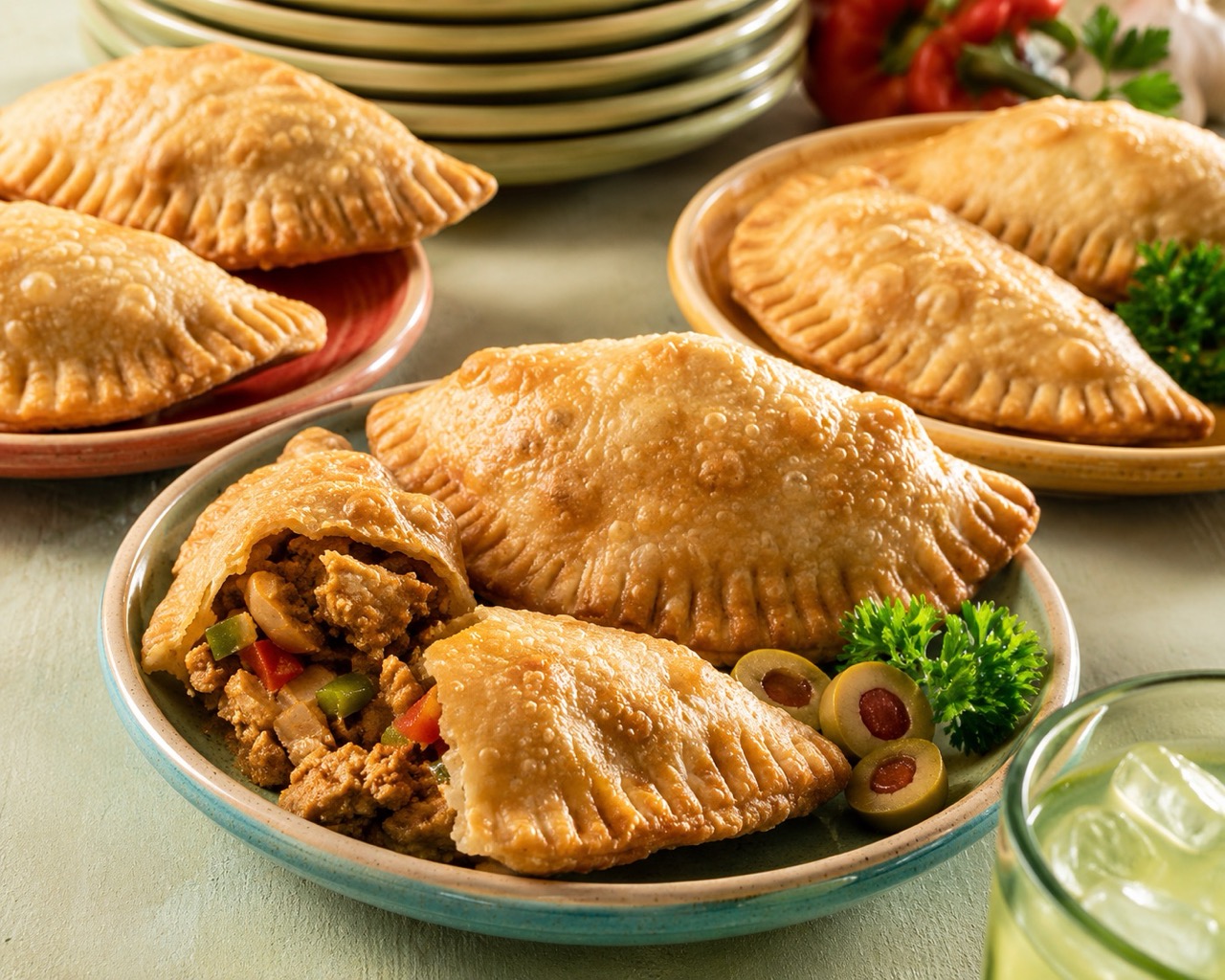 Golden-brown empanadas with seasoned meat filling, garnished with olives and parsley, ready for wholesale food service distribution.
