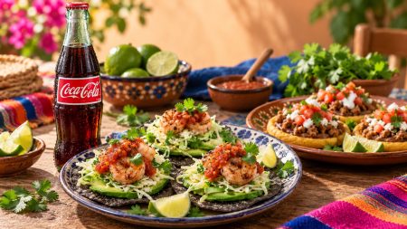 Gourmet shrimp tacos with fresh avocado, pico de gallo, and cilantro served with Coca-Cola for foodservice distribution.