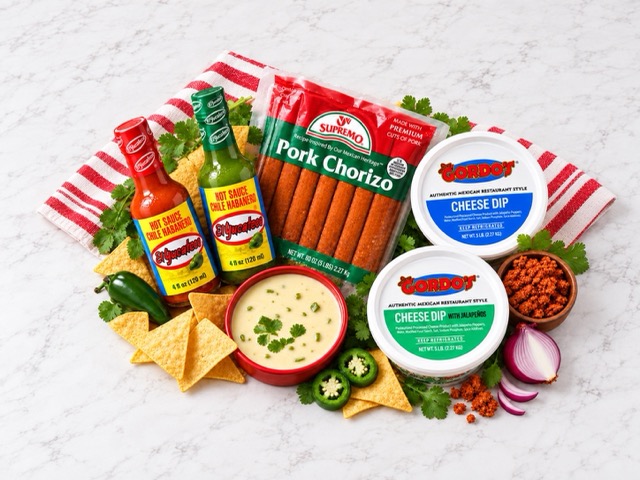 Professional food service display featuring pork chorizo, cheese dip, tortilla chips, hot sauce, and fresh garnish for wholesale distribution.