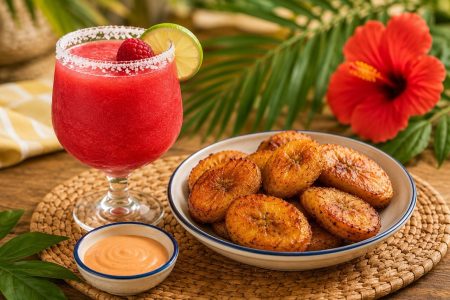 Professional food service platter featuring golden spiced plantain chips with creamy dipping sauce, served with tropical garnish and red hibiscus flower for upscale food distribution and catering.